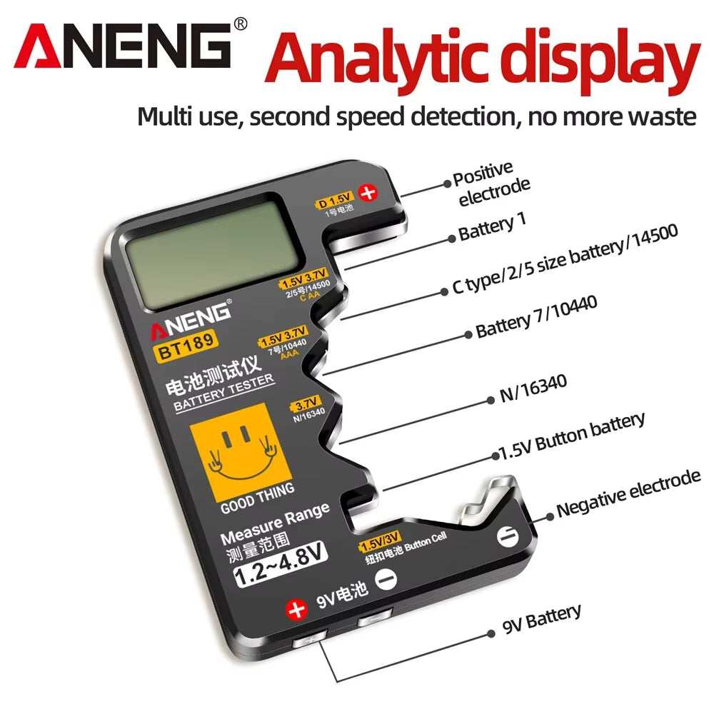 ANENG BT189 Battery Tester – Universal LCD Battery Checker for AA AAA 9V Button Cells