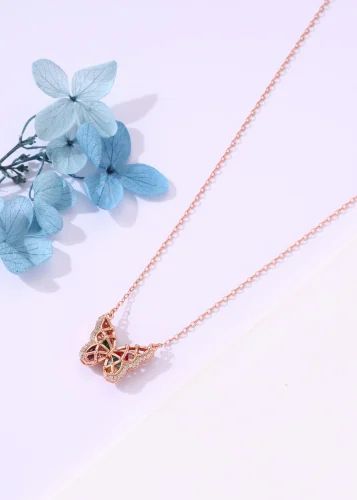 925 Sterling Silver Butterfly Pendant Necklace with Semi-Precious Gemstones