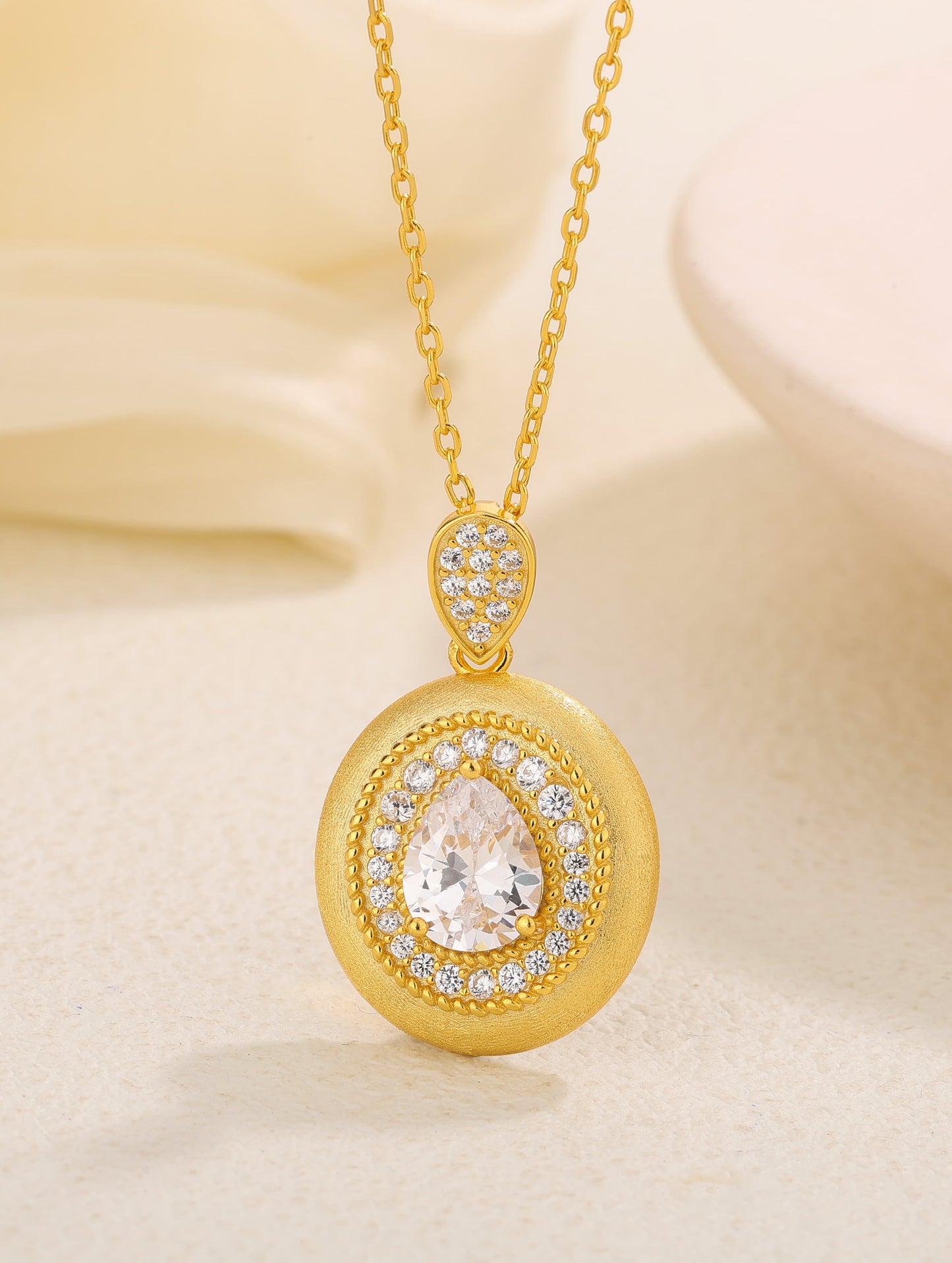 Oval Halo Semiprecious Stone Necklace - 925 Sterling Silver