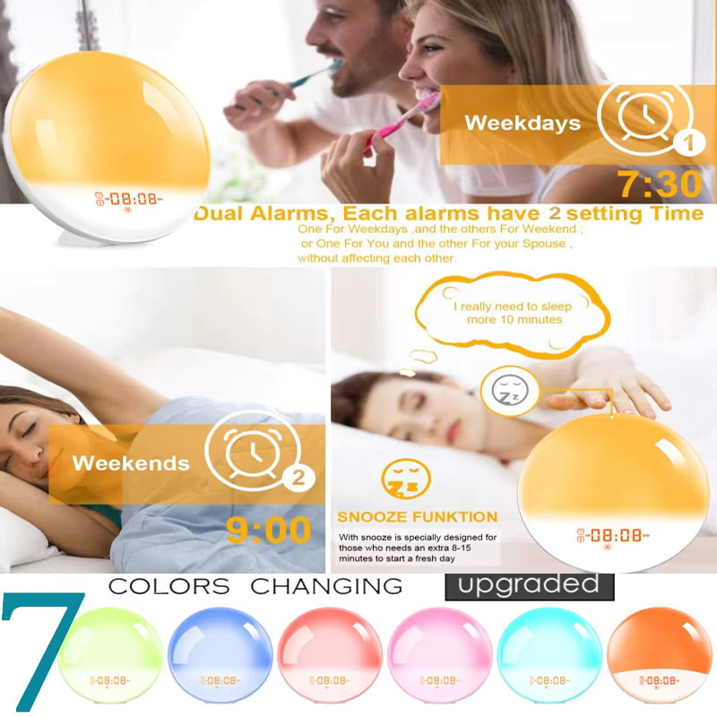 Wake Up Light Alarm Clock – Sunrise Simulation Clock with FM Radio & 7 Color Night Light