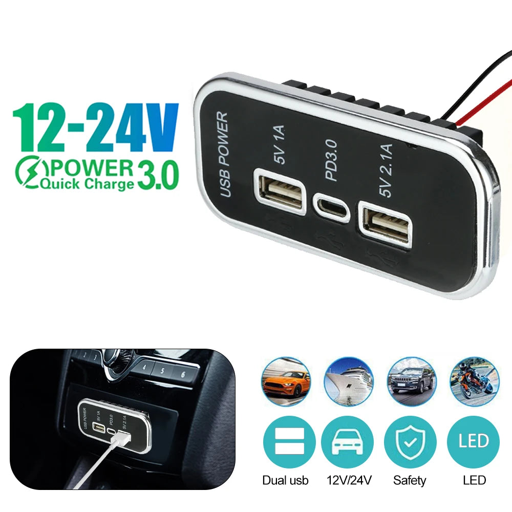 35.5W PD Car Charger Socket – Dual USB & Type-C Fast Charging Power Adapter for Vehicles