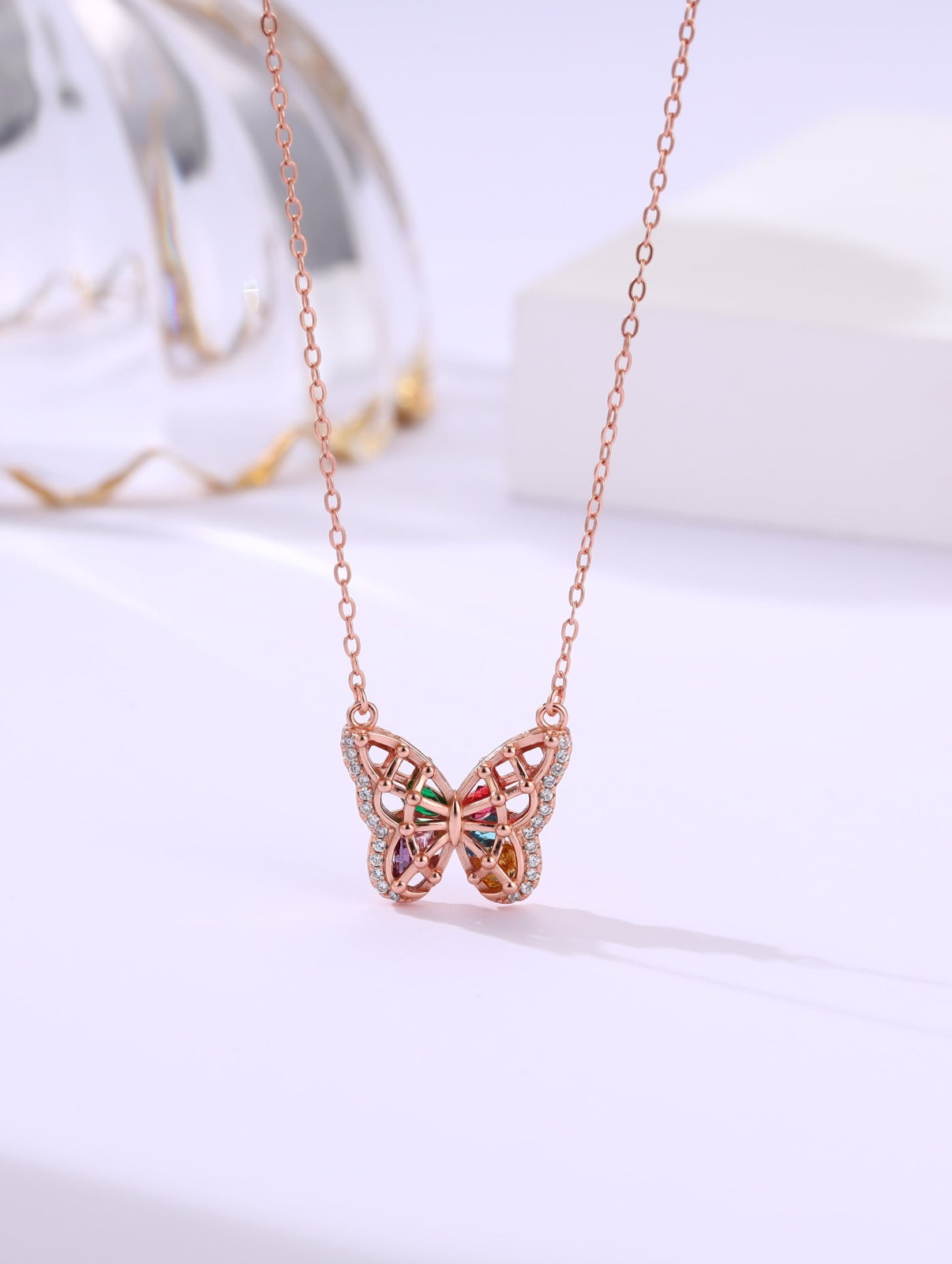 925 Sterling Silver Butterfly Pendant Necklace with Semi-Precious Gemstones